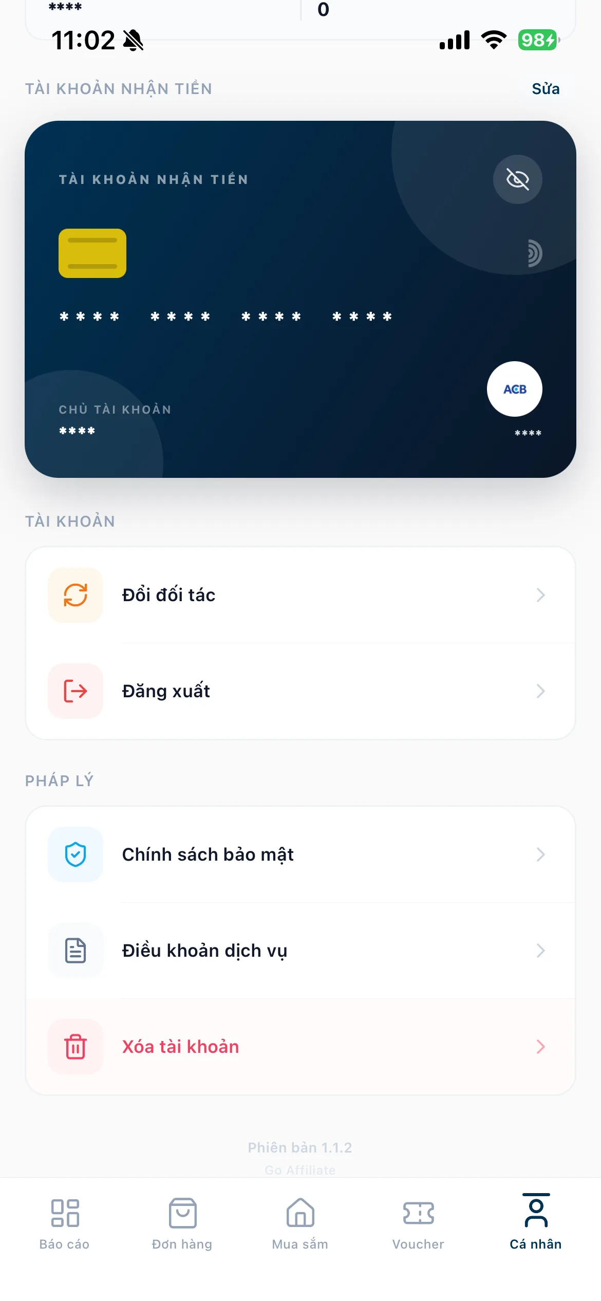 App Go Affiliate — tài khoản nhận tiền và cài đặt cá nhân
