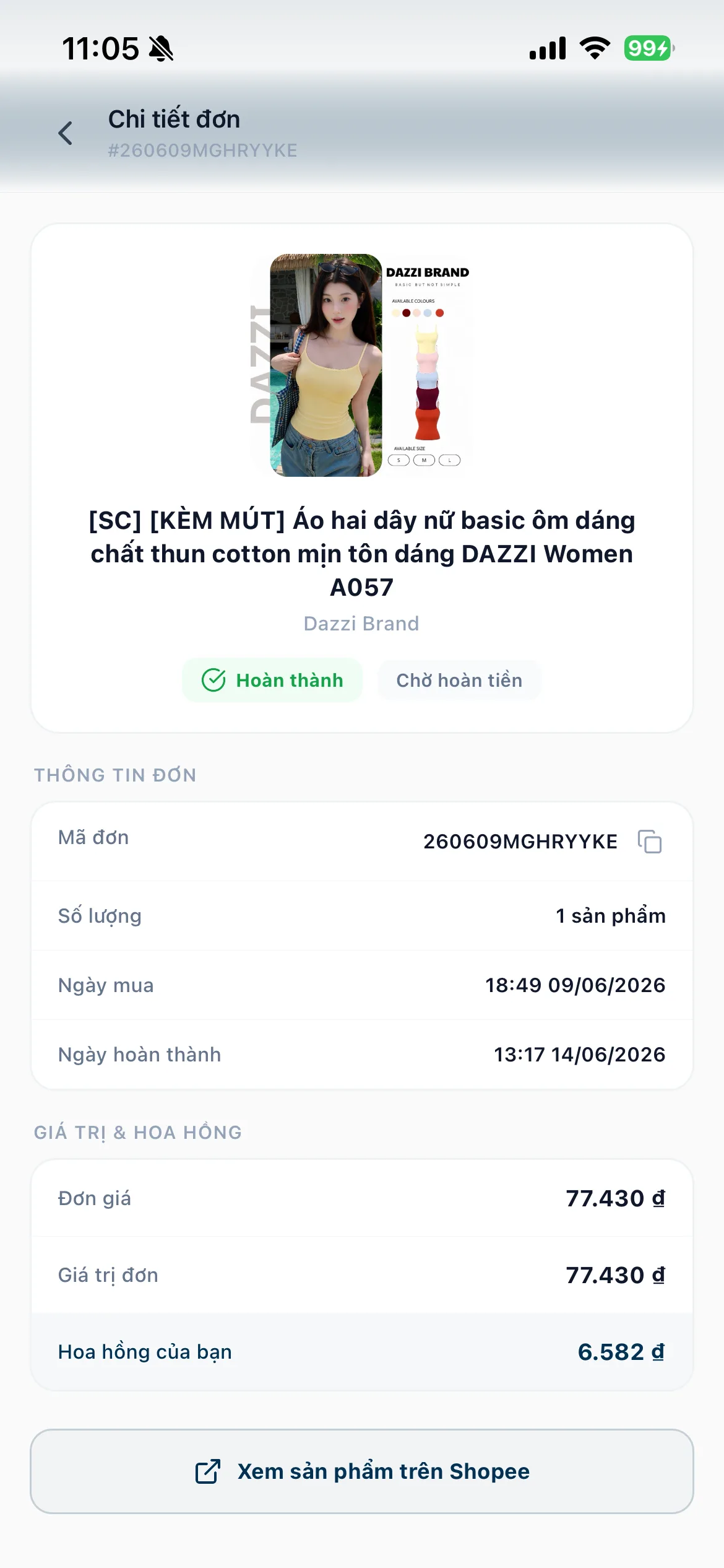 App Go Affiliate — chi tiết đơn hàng và hoa hồng