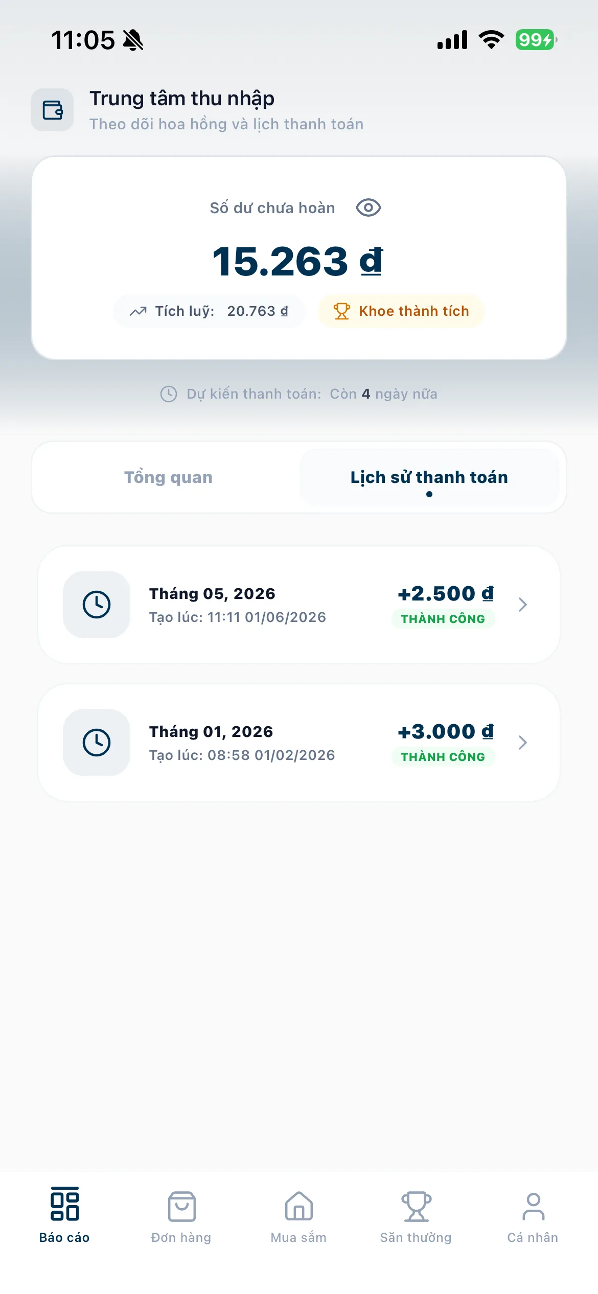 App Go Affiliate — lịch sử thanh toán hoàn tiền