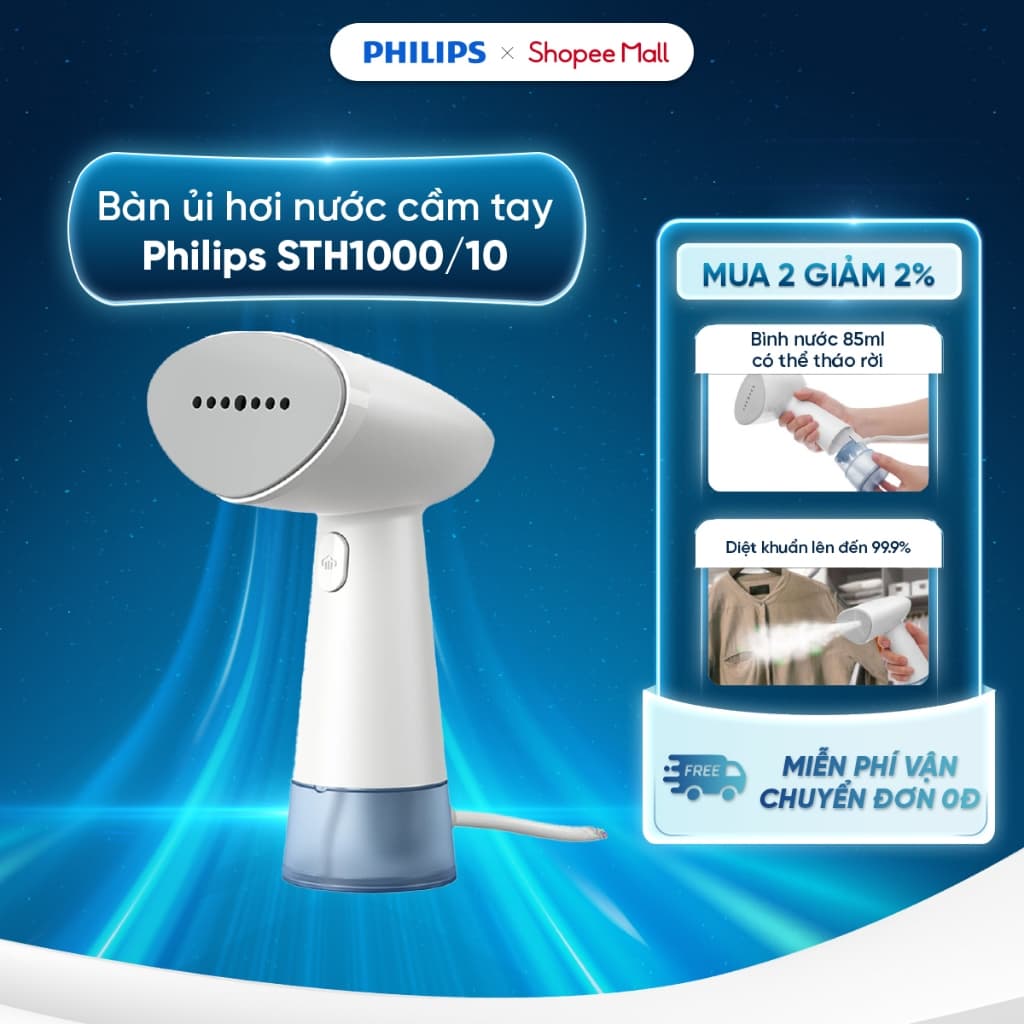 Bàn ủi hơi nước cầm tay Philips STH1000/10 - STH3000/20 - Ngăn chứa nước 85 ml - Diệt khuẩn và loại bỏ mùi hôi