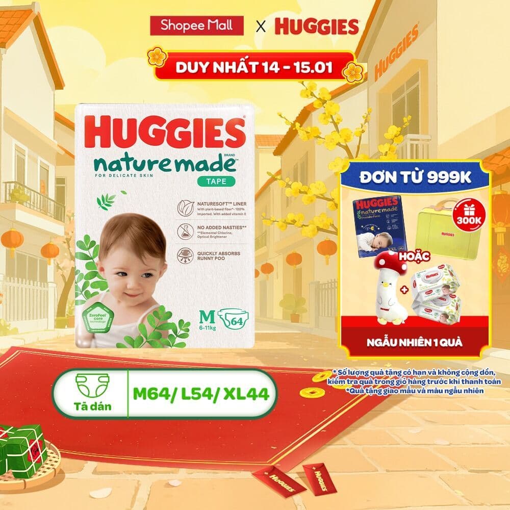 Tã/Bỉm dán Huggies NatureMade M64/L54/XL44