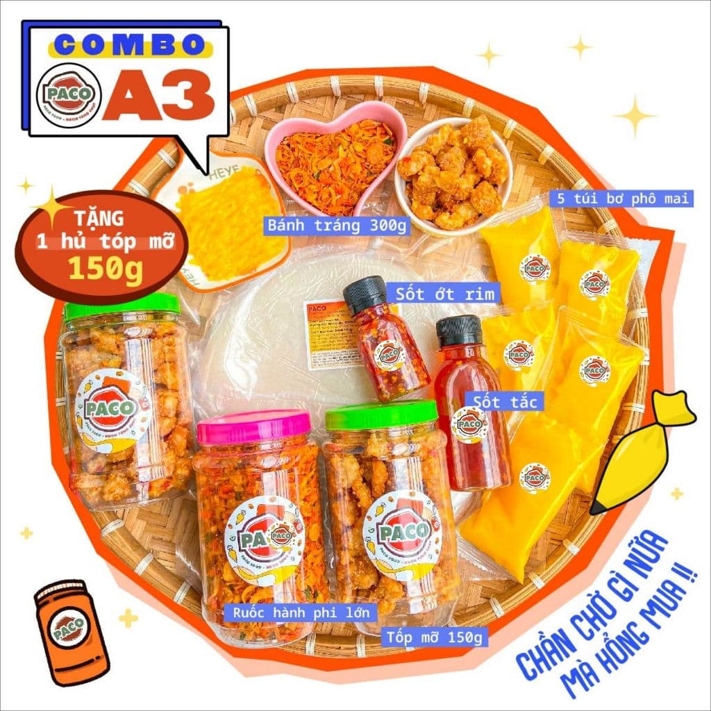 [DEAL 1K TỐP MỠ 150g] COMBO A3 PACO FOOD KÈM 5 BƠ PHÔ MAI BÁNH TRÁNG PHƠI SƯƠNG SẤP BÁNH 300g 1 HỦ TỐP MỠ 1 HỦ RUỐC