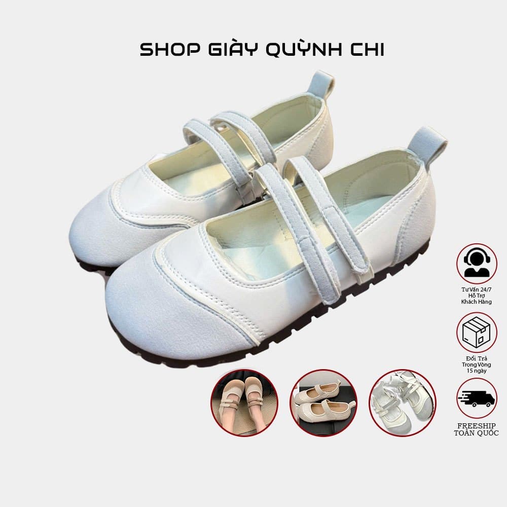 Giày Búp Bê Thể Thao Nữ NABI Đế Lười Quai Dán Êm Nhẹ – Giày Marry Jane Hot Trend 2025, Trắng Phối Màu, Size 35-39