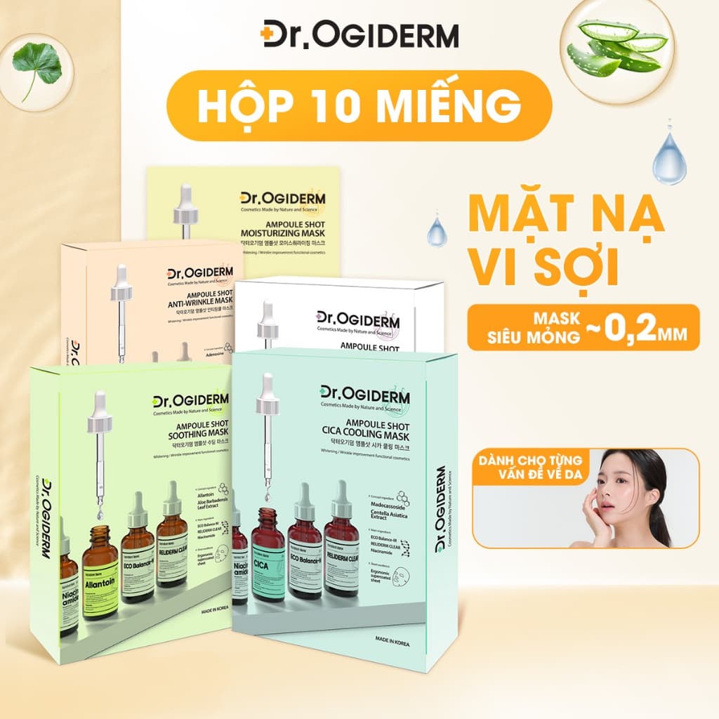 Hộp 10 Miếng Mặt Nạ DR OGIDERM Vải Vi Sợi Ampoule Shot Mask Công Nghệ Dưỡng Da Hàn Quốc 30ml