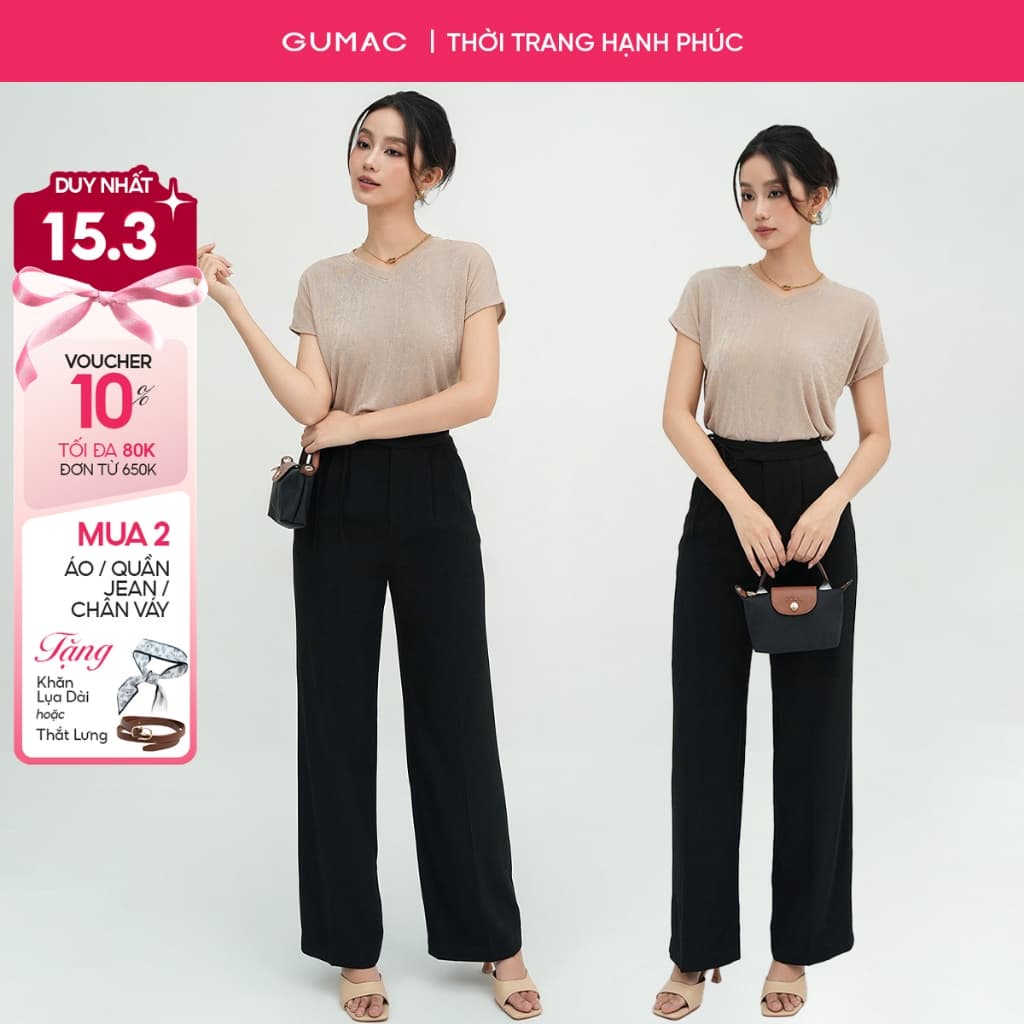 Quần tây nữ ống suông GUMAC dài 100cm tôn dáng lưng cao xếp ly phối dây nơ công sở chất liệu siêu len mềm mát LQF1012