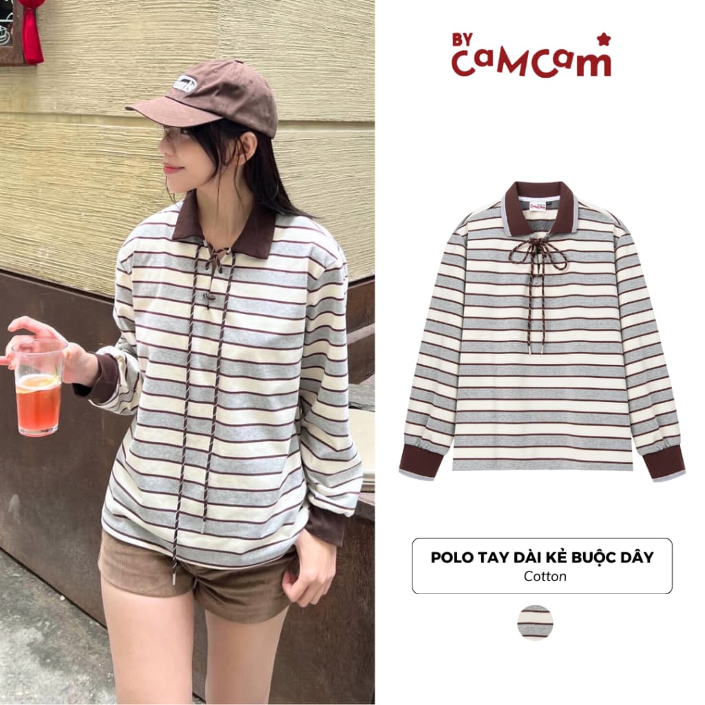 Áo Polo Dài Tay Kẻ Buộc Dây 𝑩𝒚𝒄𝒂𝒎𝒄𝒂𝒎 Áo Thun Kẻ Oversize Cổ V Cổ Điển Preppy Học Đường APD389