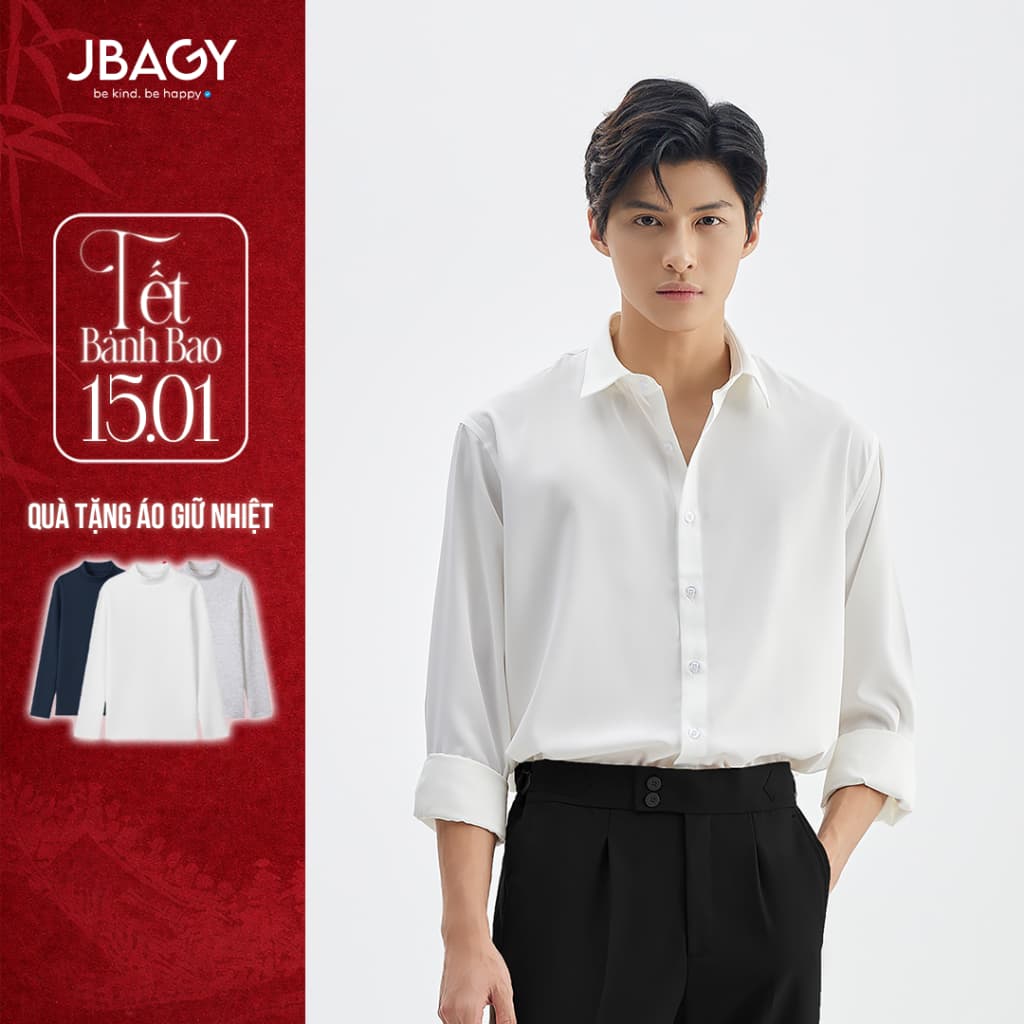 Áo sơ mi nam tay dài JBAGY Pastel sơ mi trắng form rộng, vải lụa tăm cao cấp phong cách Hàn Quốc